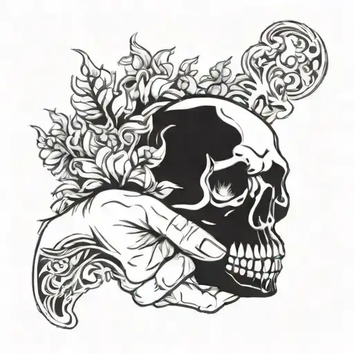hand holding burning skull tattoo design idea