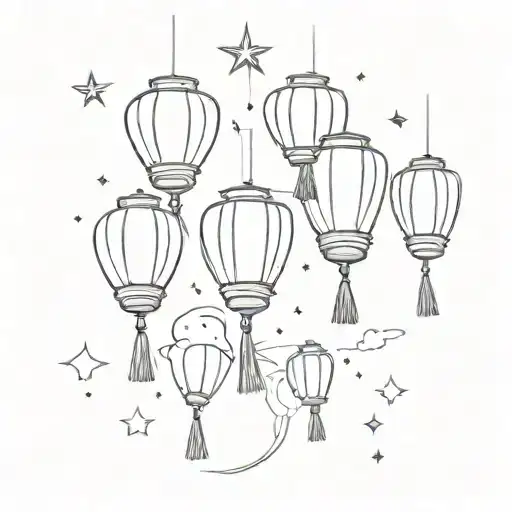 A sketch of a night sky filled with wishing lanterns, one with the words 'see you soon, tay' written on it tattoo design idea