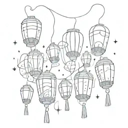 A sketch of a night sky filled with wishing lanterns, one with the words 'see you soon, tay' written on it tattoo design idea