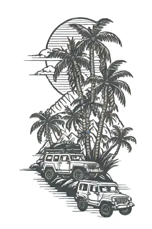 Palm trees swaying mountains jeep grill tattoo design idea