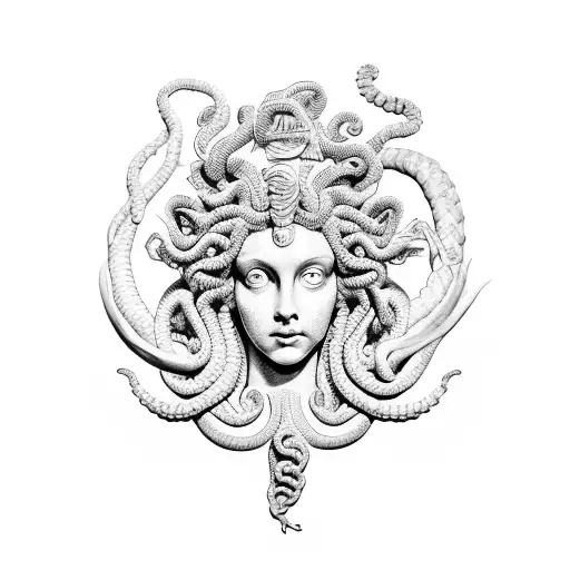 Gorgon Medusa holds scales in her hands, on the scales are the heads of Poseidon and Aphrodite tattoo design idea
