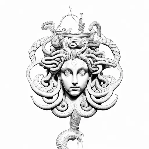 Gorgon Medusa holds scales in her hands, on the scales are the heads of Poseidon and Aphrodite tattoo design idea