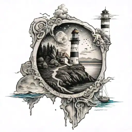 space, ocean, lighthouse, coin, map, exploration, mountain tattoo design idea