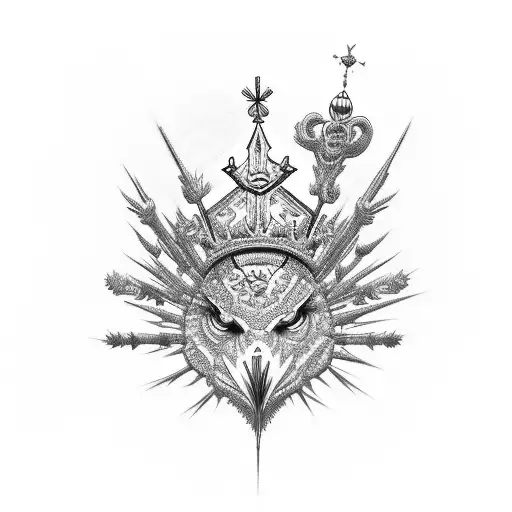 Cyber sigilism bird with a spines crown around him tattoo design idea