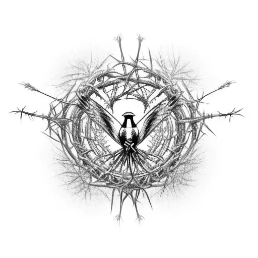 Cyber sigilism bird with a crown of thorns around him flyng to the ground  tattoo design idea