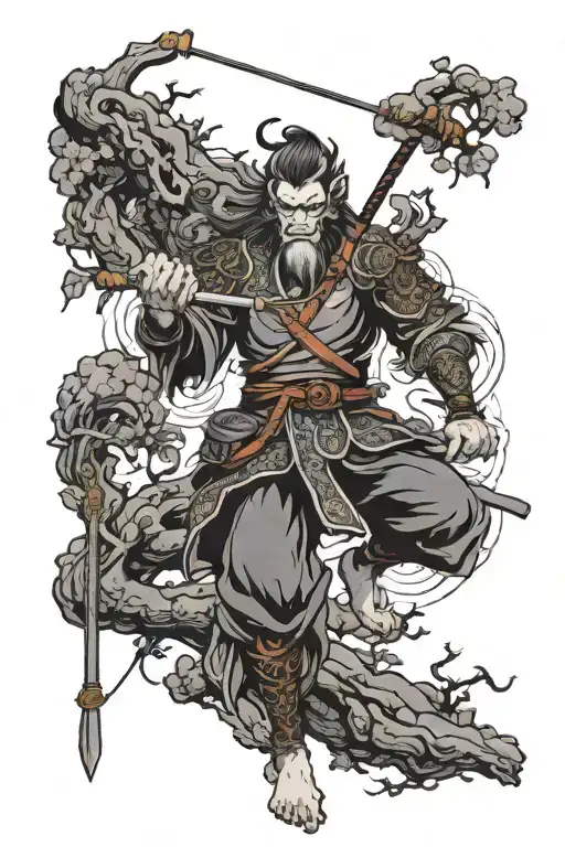 monkey king figths the heaven with his staff intertwined with branches tattoo design idea