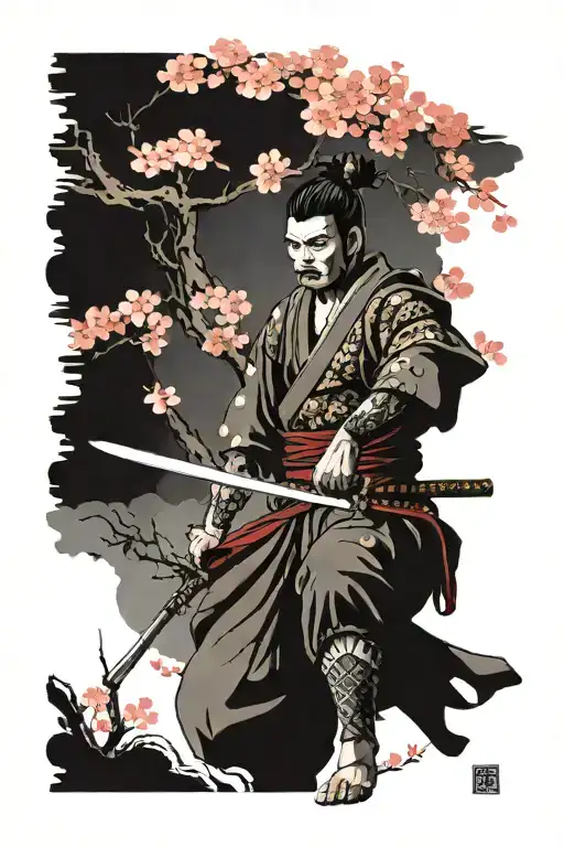 samurai warrior wielding it's katana in front of the sakura tree tattoo design idea
