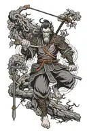 monkey king figths the heaven with his staff intertwined with branches tattoo design idea