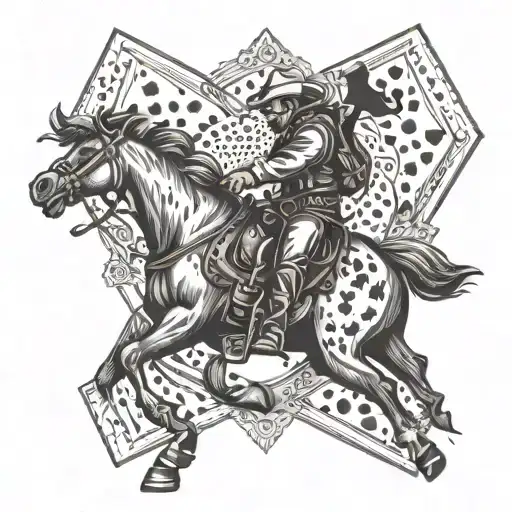 An intricate dotwork design of a cowboy riding a bucking bronco with aces cards flying around them tattoo design idea