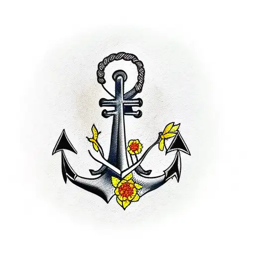 A traditional style tattoo featuring an anchor surrounded by daffodils, symbolizing the stability and hope that retirement brings tattoo design idea