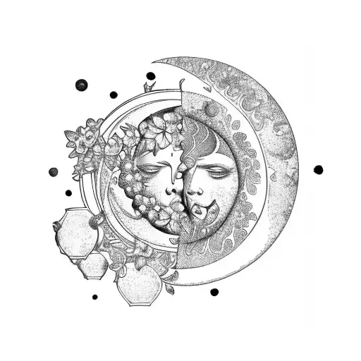 Libra, moon, sun, forget me not flowers, peacock feather, justice scale tattoo design idea