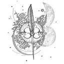 Libra, moon, sun, forget me not flowers, peacock feather, justice scale tattoo design idea