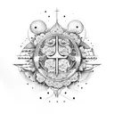 Libra, moon, sun, forget me not flowers, peacock feather, justice scale tattoo design idea