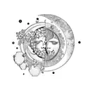 Libra, moon, sun, forget me not flowers, peacock feather, justice scale tattoo design idea