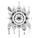 Libra, moon, sun, forget me not flowers, peacock feather, justice scale tattoo design idea