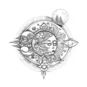 Libra, moon, sun, forget me not flowers, peacock feather, justice scale tattoo design idea