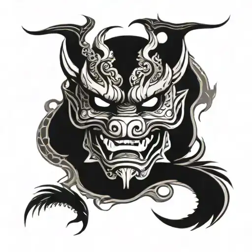 Japanese mask and dragon tattoo design idea