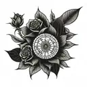 forearm tattoo with black and red roses, black mountains and  black sun tattoo design idea