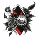 forearm tattoo with black and red roses, black mountains and  black sun tattoo design idea