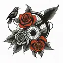 forearm tattoo with black and red roses, black mountains and  black sun tattoo design idea