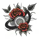 forearm tattoo with black and red roses, black mountains and  black sun tattoo design idea