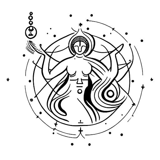 A celestial goddess holding the constellation of Aquarius in one hand and a balance scale in the other tattoo design idea