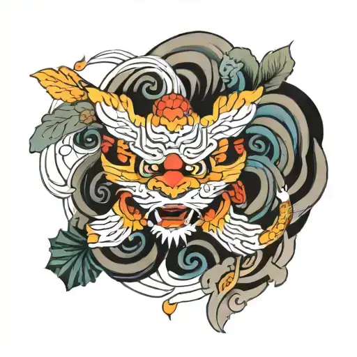 A Japanese sleeve tattoo design for the upper arm, from shoulder to elbow, in vibrant colors. The design features a fier tattoo design idea