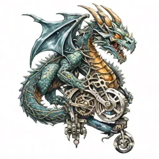 A dragon with mechanical parts on a road, vivid colors and hyperrealistic tattoo design idea