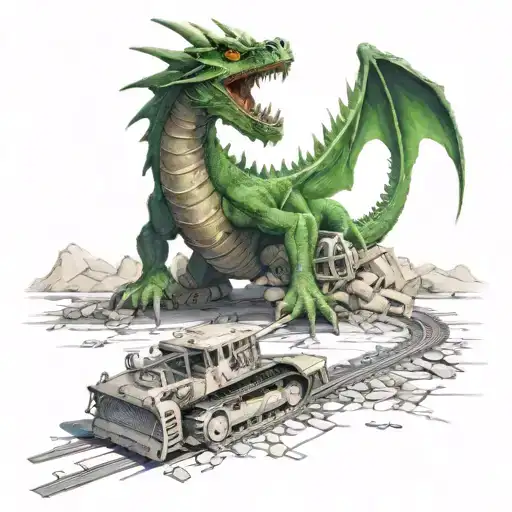 A green-eyed dragon with mechanical parts fighting a bulldozer on a paved road tattoo design idea