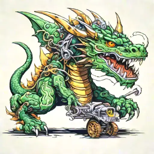 A green-eyed dragon with mechanical parts fighting a bulldozer on a road, vivid colors and hyperrealistic tattoo design idea
