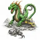 A green-eyed dragon with mechanical parts fighting a bulldozer on a paved road tattoo design idea