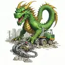 A green-eyed dragon with mechanical parts fighting a bulldozer on a paved road tattoo design idea