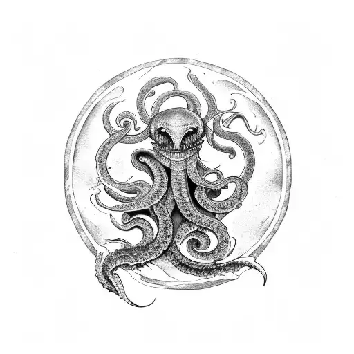 Kraken in black and white with blue tones, attacking a ship tattoo design idea