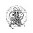 Kraken in black and white with blue tones, attacking a ship tattoo design idea