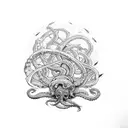 Kraken in black and white with blue tones, attacking a ship tattoo design idea