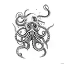 Kraken in black and white with blue tones, attacking a ship tattoo design idea