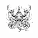 Kraken in black and white with blue tones, attacking a ship tattoo design idea