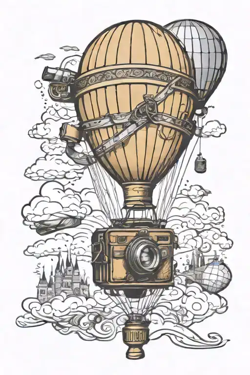 hot air balloon and film and photography camera tattoo design idea
