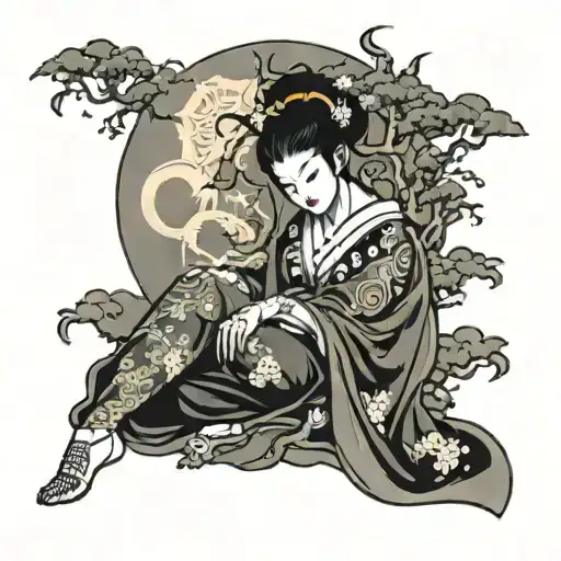 "A tattoo design featuring the Japanese moon god Tsukuyomi in a seductive and alluring pose.  tattoo design idea