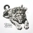 A lion on the forearm with a crown with the bibile verse Peter5:7 Matthew 6:34 tattoo design idea