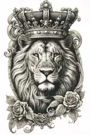  lion  on the forearm with a crown with the bibile verses written in the crown Peter5:7 Matthew 6:34 tattoo design idea