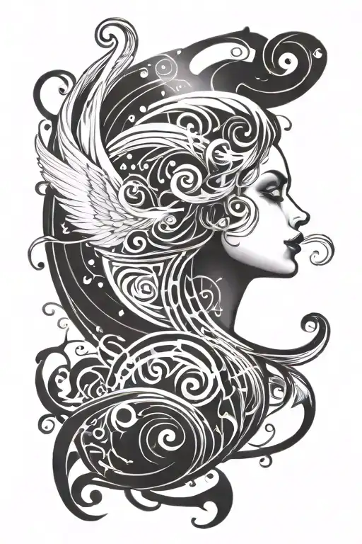 An abstract tattoo design featuring a silhouette of Lilith against a backdrop of swirling music waves to represent the client's love for both music and mythology tattoo design idea