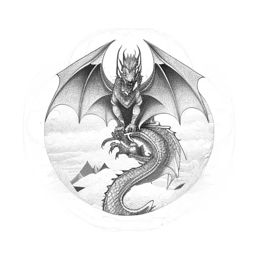 A futuristic dragon soaring over a mountain range tattoo design idea