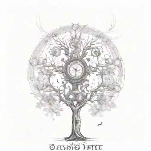 A steam punk-inspired tree of life with musical notes flowing through the branches tattoo design idea