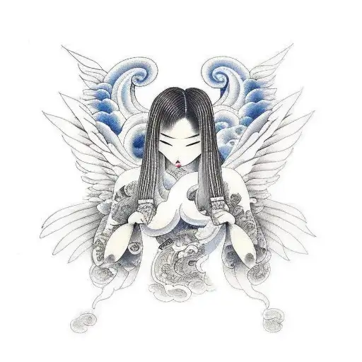 3 angels with clouds tattoo design idea