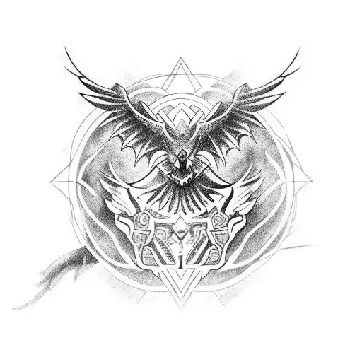 A bold and powerful tattoo depicting an eagle, dragon, and wolf in a symmetrical composition tattoo design idea