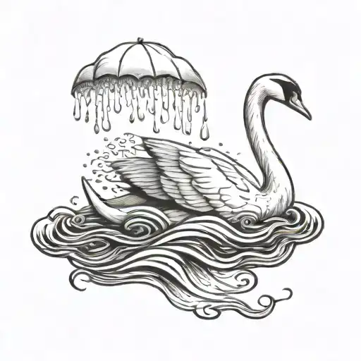 in black and white, a swan swimming in the sea while it is raining tattoo design idea