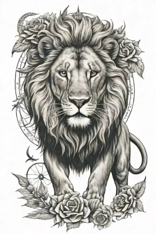 lion compass roses tattoo design idea