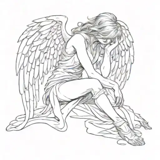 a fallen angel on there knees crying woman tattoo design idea