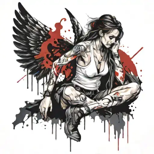 a beautiful female fallen angel on there knees looking down  tattoo design idea